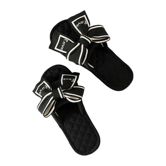 Love Bow Bowknot Floor Slippers with Silent Flat Platform Cloth, Indoor Home Soft Bottom Slippers Shoes Women